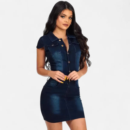 Robe courte en jean foncé à col chemise