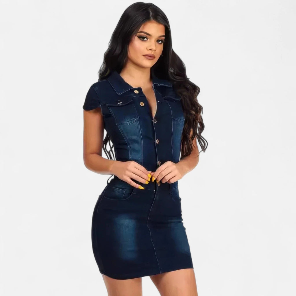 Robe courte en jean foncé à col chemise