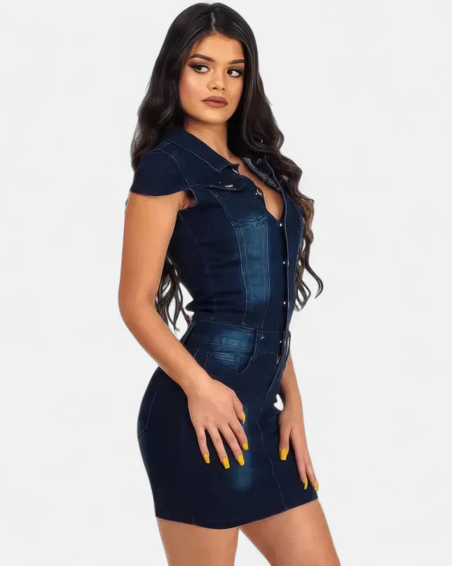 Robe courte en jean foncé à col chemise