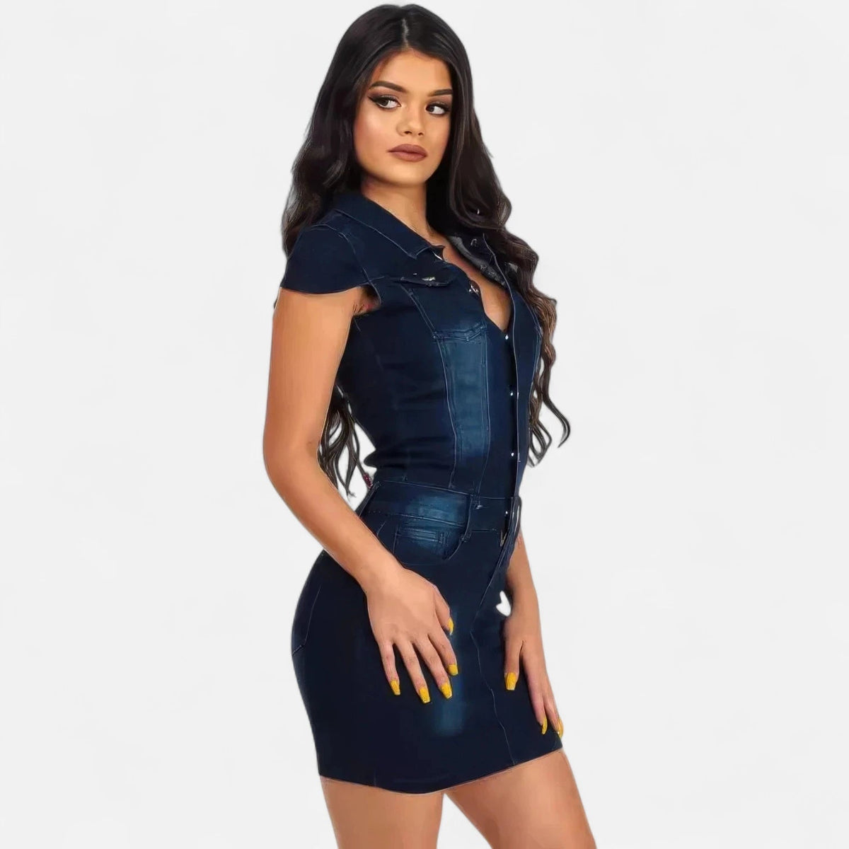 Robe courte en jean foncé à col chemise
