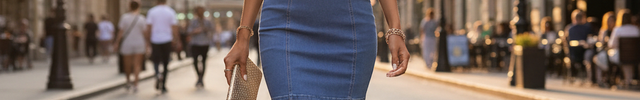 Robe en jean bleu sans manches, courte et moulante, avec bustier structuré et détail ajouré au décolleté.