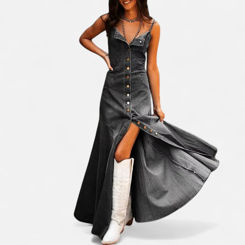 Robe en jean noir longue sans manches