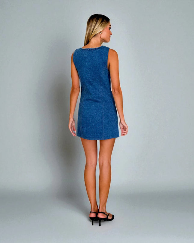 Robe en Jean Sans Manches Boutonnée