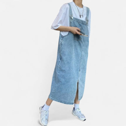 Robe salopette longue en jean fendue
