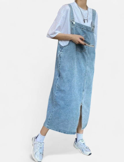 Robe salopette longue en jean fendue