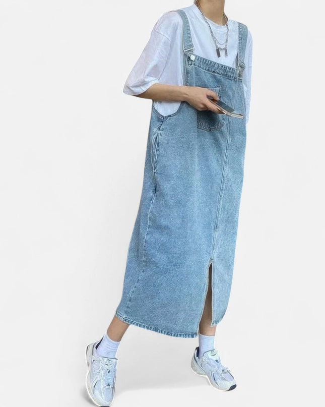 Robe salopette longue en jean fendue