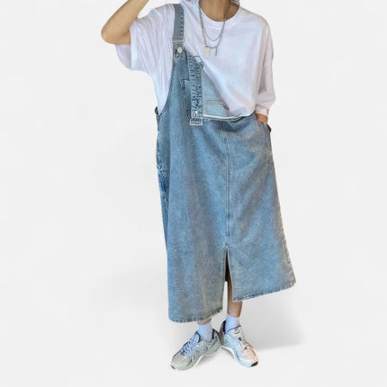 Robe salopette longue en jean fendue