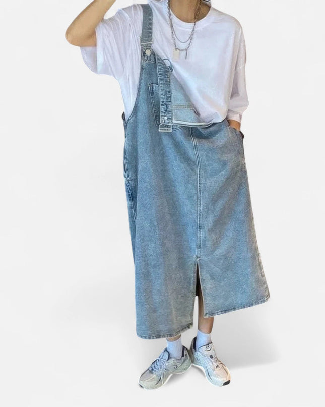 Robe salopette longue en jean fendue