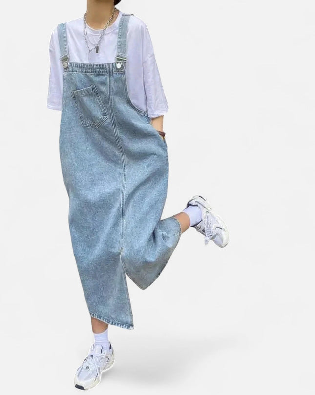 Robe salopette longue en jean fendue