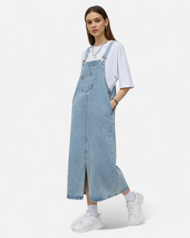 Robe salopette longue en jean fendue