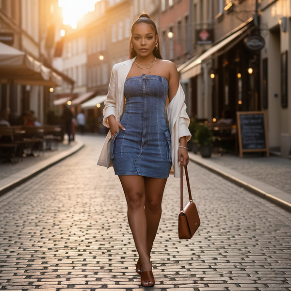 Robe bustier courte en jean bleu ajustée avec fermeture zippée frontale et poches à rabat. Image