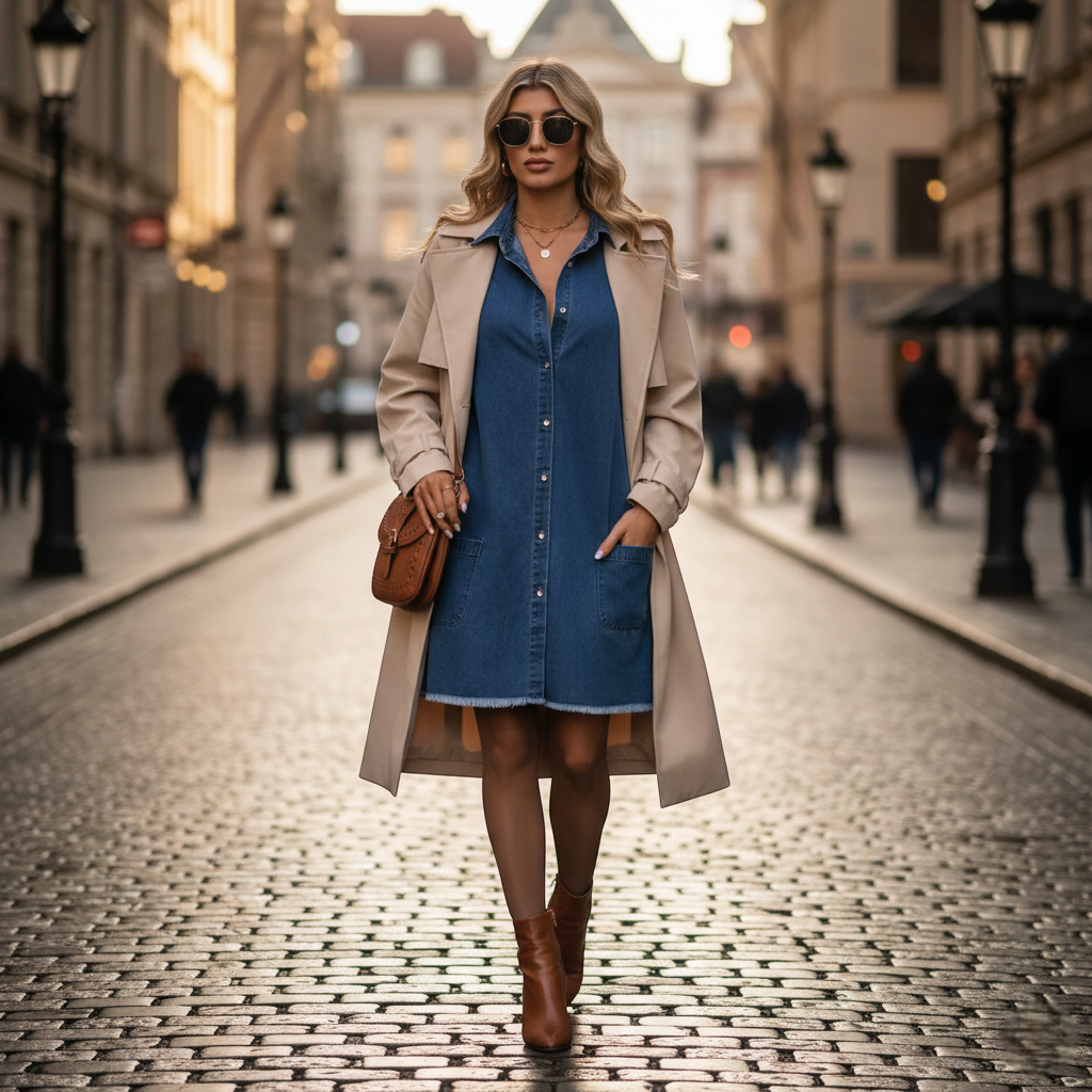 Robe chemise courte en denim bleu moyen à coupe droite, boutons pression et ourlet effiloché. Image