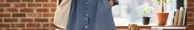 Robe chemise en denim bleu moyen, coupe évasée mi-longue, manches trois-quarts, boutons nacrés et ceinture marron.