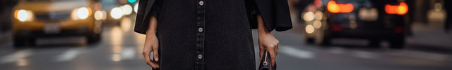 Robe chemise en jean noir, coupe droite légèrement évasée, courte, avec patte de boutonnage centrale.