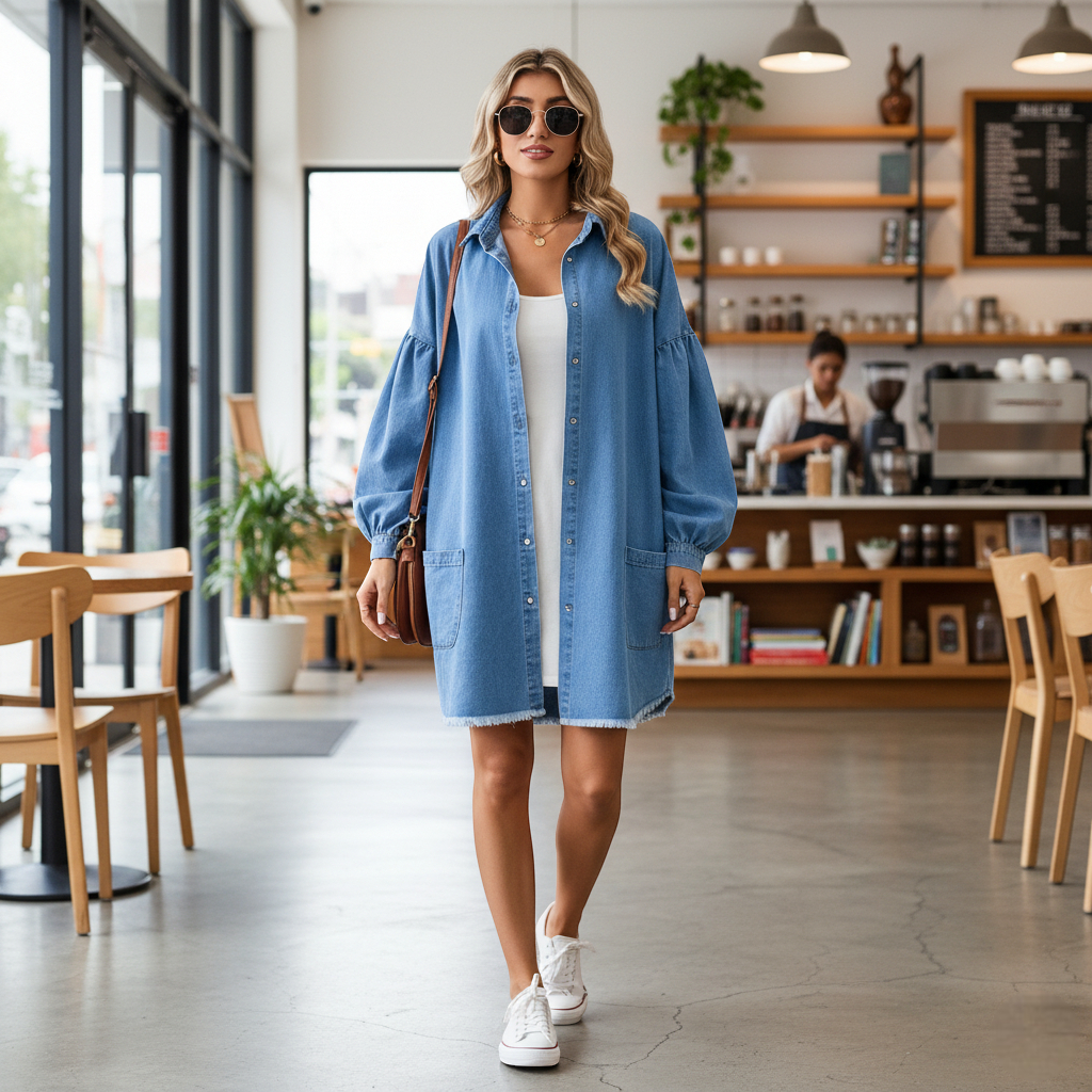 Robe chemise oversize en jean bleu clair, coupe ample, manches longues bouffantes, longueur mi-cuisse effilochée. Image