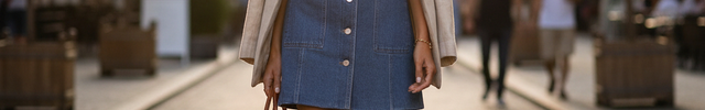 Robe chemise courte en jean bleu moyen, sans manches, coupe droite, boutonnée, avec poches plaquées.