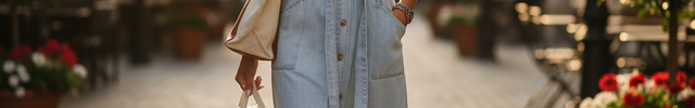 Robe chemise longue en denim clair, sans manches, coupe droite ceinturée avec boutons et poches à rabat.