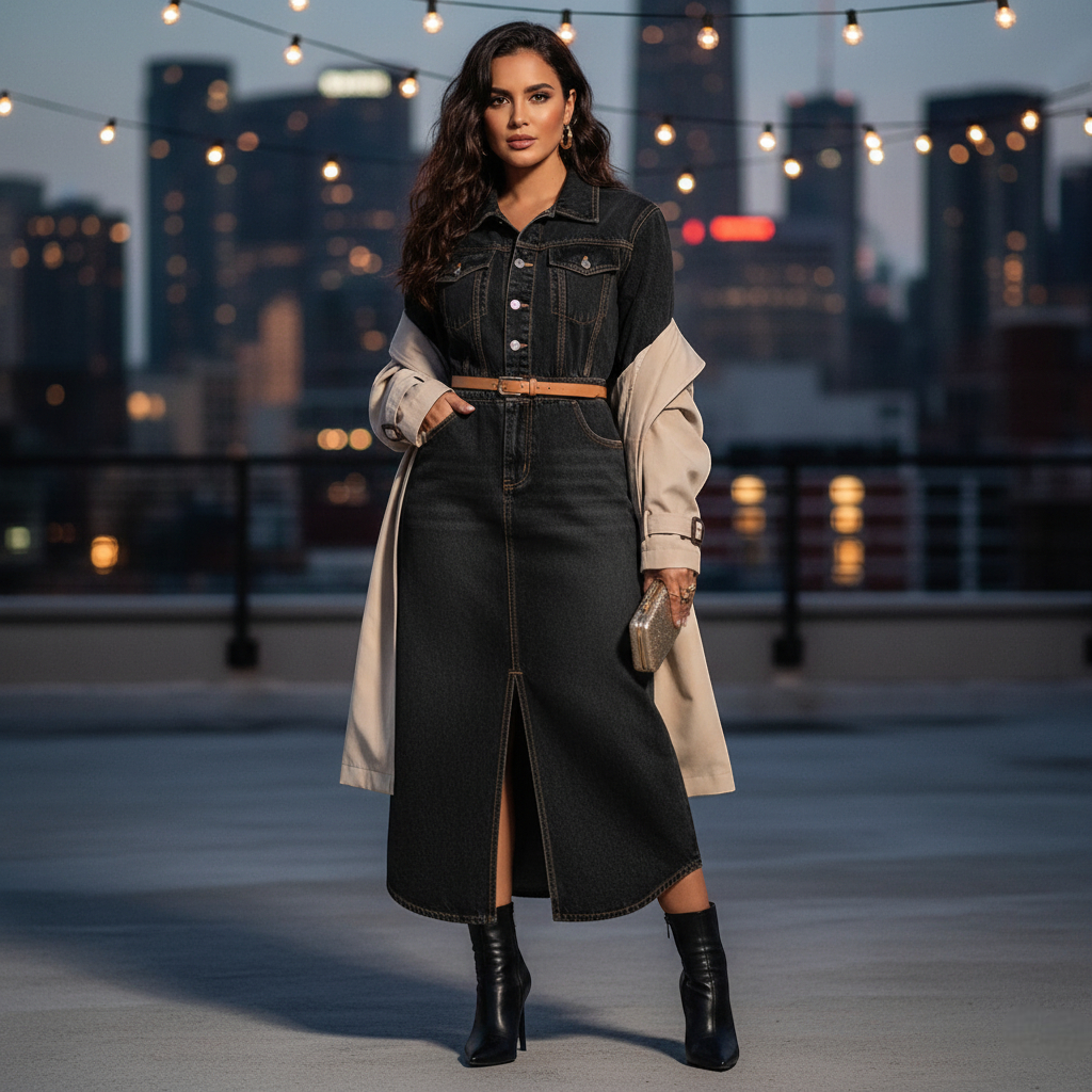 Robe chemise noire en jean, coupe mi-longue ceinturée avec fente frontale et surpiqûres contrastées Image