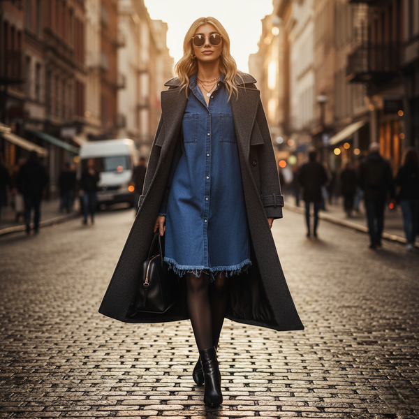 Robe chemisier en jean bleu moyen, coupe droite mi-cuisse à ourlet effiloché, manches longues et poches poitrine. Image