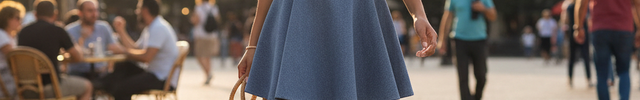 Robe courte en denim bleu à coupe bustier et jupe évasée, avec larges bretelles nouées sur les épaules.
