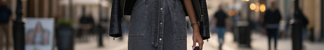 Robe chemise longue en denim gris anthracite, coupe légèrement évasée, ceinturée, à boutons et poches plaquées.