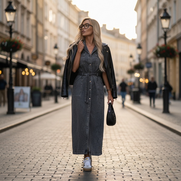Robe chemise longue en denim gris anthracite, coupe légèrement évasée, ceinturée, à boutons et poches plaquées. Image