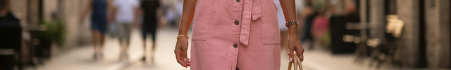 Robe chemise longue en denim rose, sans manches, ceinturée à la taille, coupe évasée avec poches poitrine.
