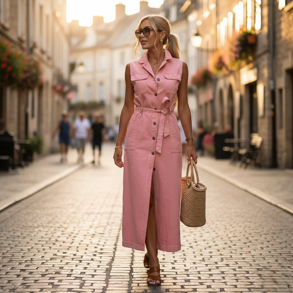 Robe chemise longue en denim rose, sans manches, ceinturée à la taille, coupe évasée avec poches poitrine. Image