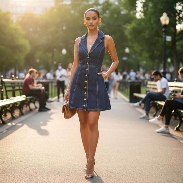 Robe en jean bleu foncé sans manches, courte et cintrée, coupe trapèze avec boutons dorés et col tailleur plongeant. Image