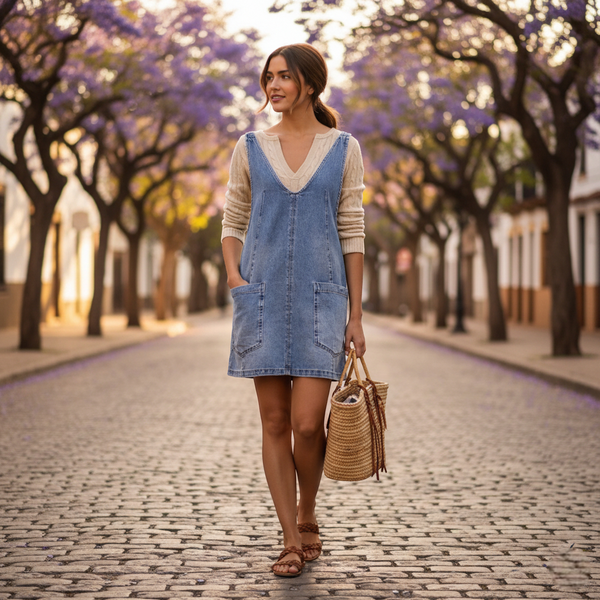 Robe en jean bleu clair courte à coupe droite légèrement trapèze, encolure en V et poches frontales plaquées. Image