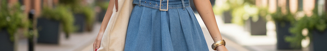 Robe en jean bleu clair courte, sans manches, coupe patineuse avec décolleté croisé et ceinture à double boucle.