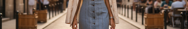 Robe en jean bleu clair ajustée, longue, à décolleté carré, boutons frontaux et larges bretelles.