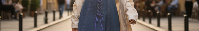 Robe en jean bleu délavé, courte, évasée, bustier sans bretelles avec laçage central et surpiqûres contrastées.