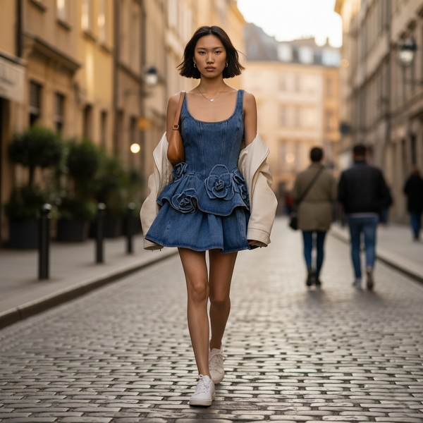 Robe en jean bleu courte évasée sans manches, buste ajusté et ornements floraux en relief sur la jupe. Image