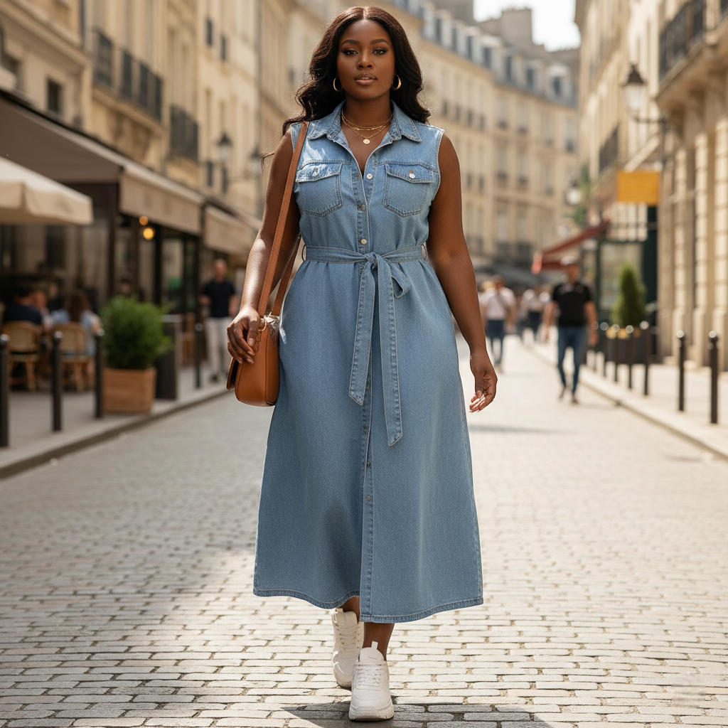 Robe midi en jean bleu clair sans manches, coupe chemise ceinturée, légèrement évasée avec poches poitrine. Image
