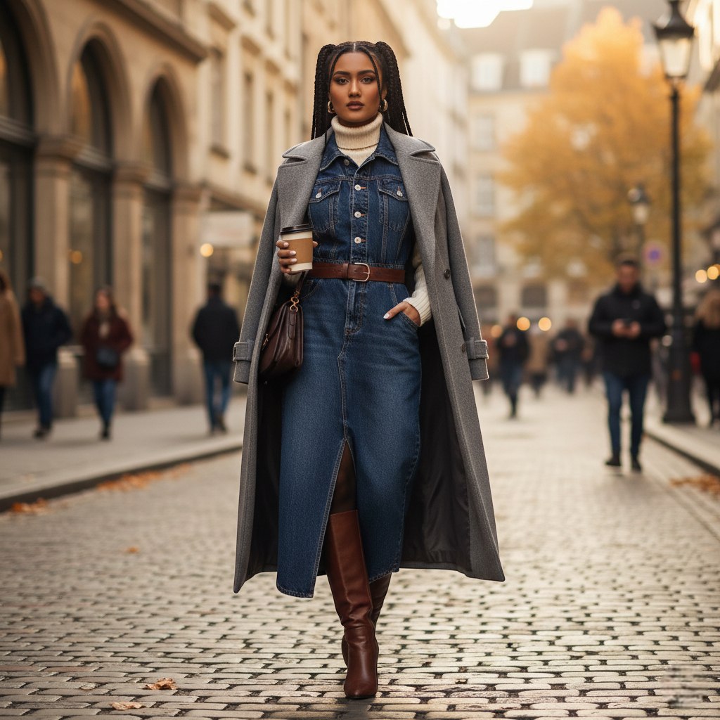 Robe en jean bleu mi-longue à manches longues, col chemise, boutonnée, ceinturée, avec fente frontale. Image