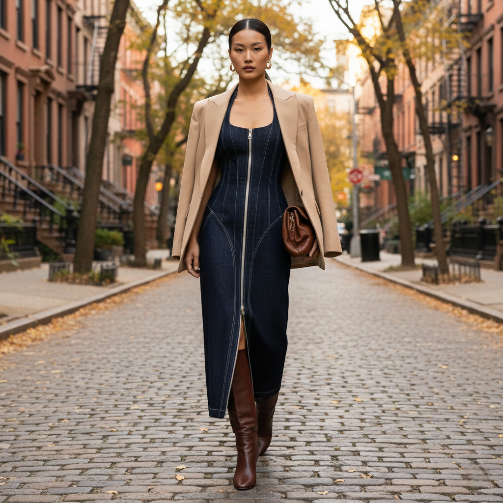 Femme portant une robe en jean longue et ajustée, associée à une veste beige et des bottes en cuir marron, marchant dans une rue urbaine à l’automne. Image