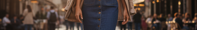 Robe en jean bleu moyen mi-longue, coupe droite, sans manches, boutonnée devant, avec ceinture et poches plaquées.
