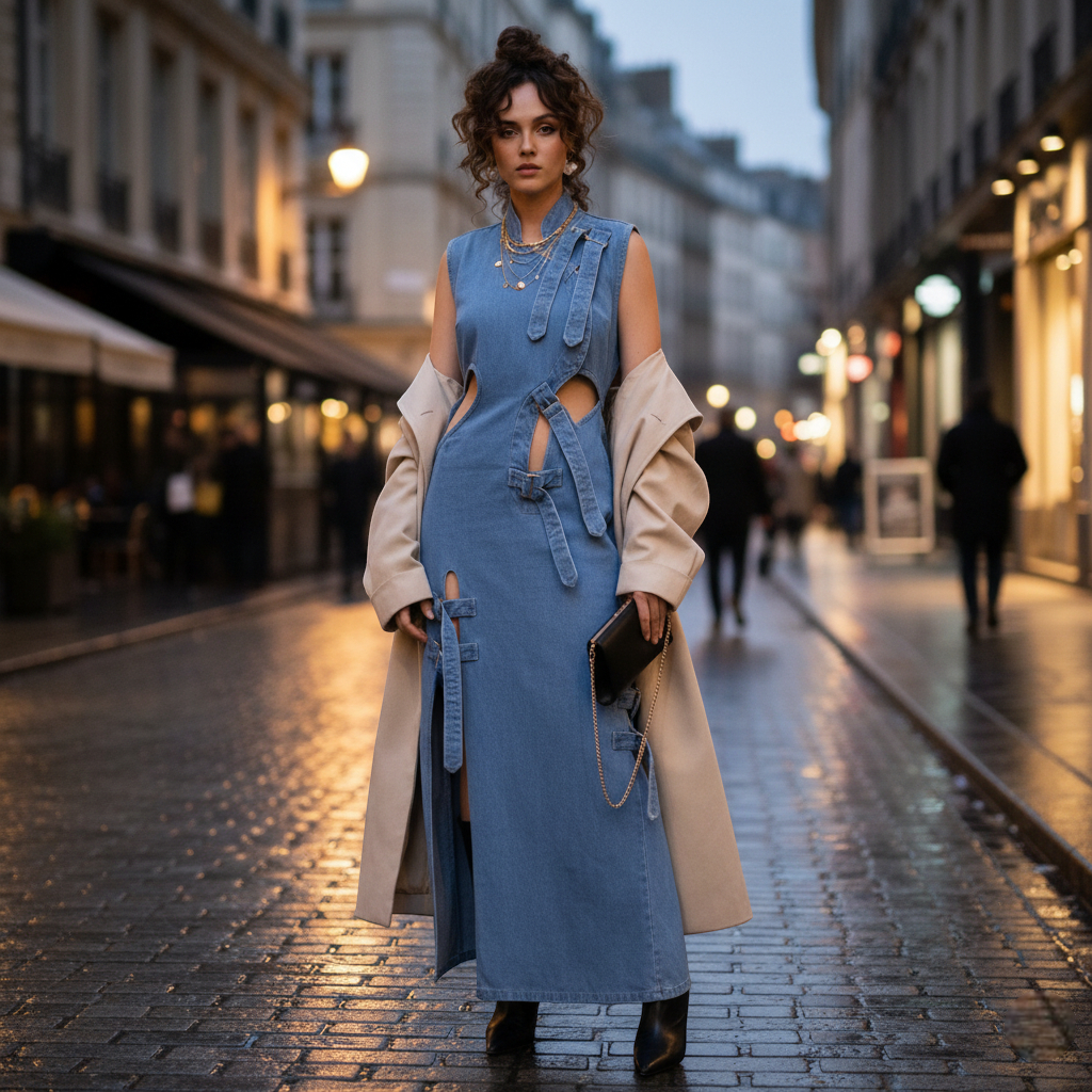 Robe longue en denim bleu clair sans manches, coupe droite avec fente haute et découpes ceinturées par liens en jean. Image