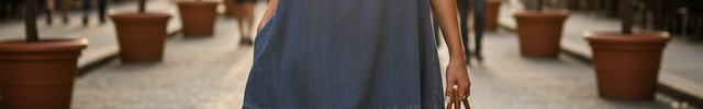 Robe en jean bleu oversize, coupe évasée et longueur midi, fines bretelles nouées et base volantée.