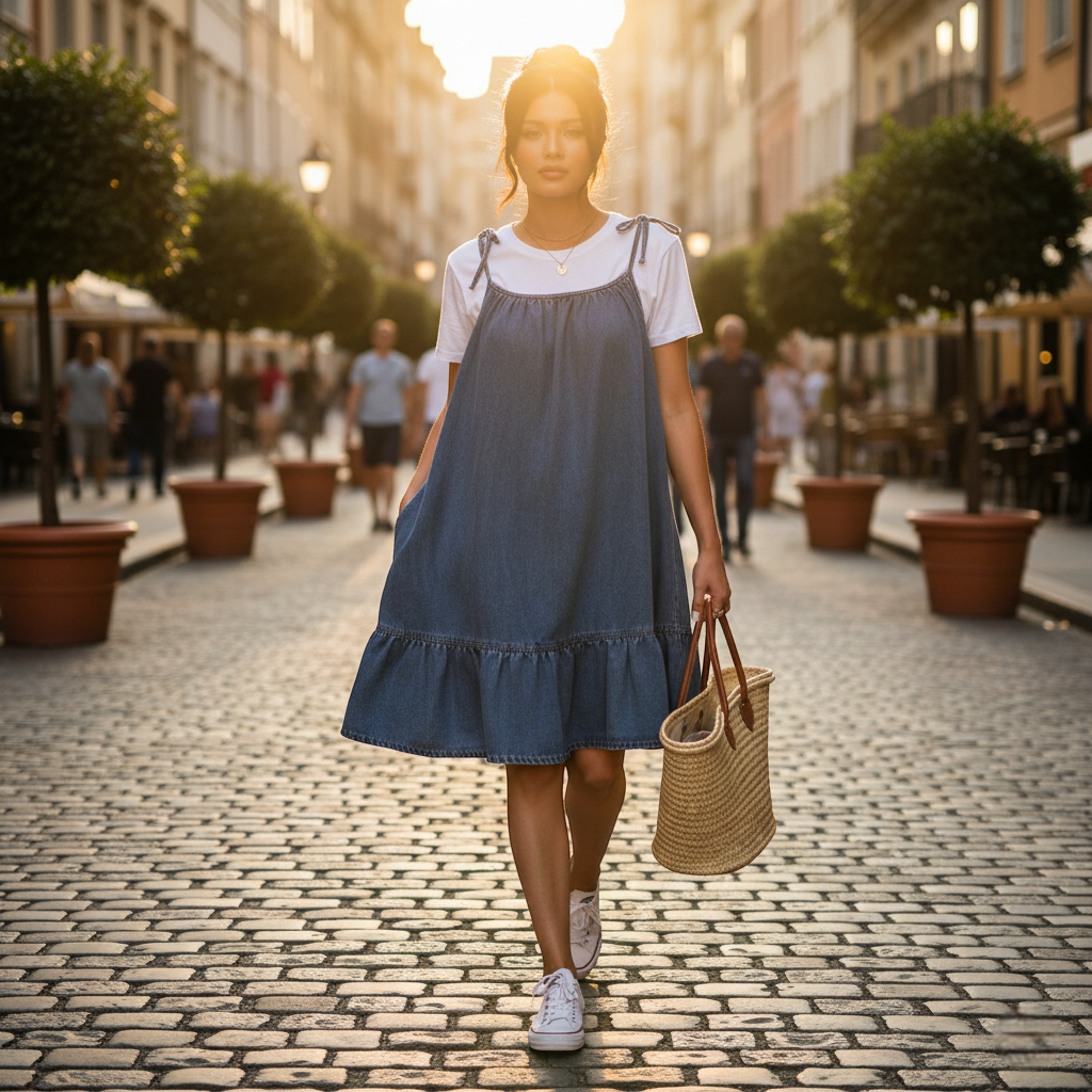 Robe en jean bleu oversize, coupe évasée et longueur midi, fines bretelles nouées et base volantée. Image
