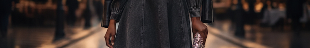 Robe en jean noir délavé, courte, à manches longues bouffantes et coupe évasée avec coutures verticales.