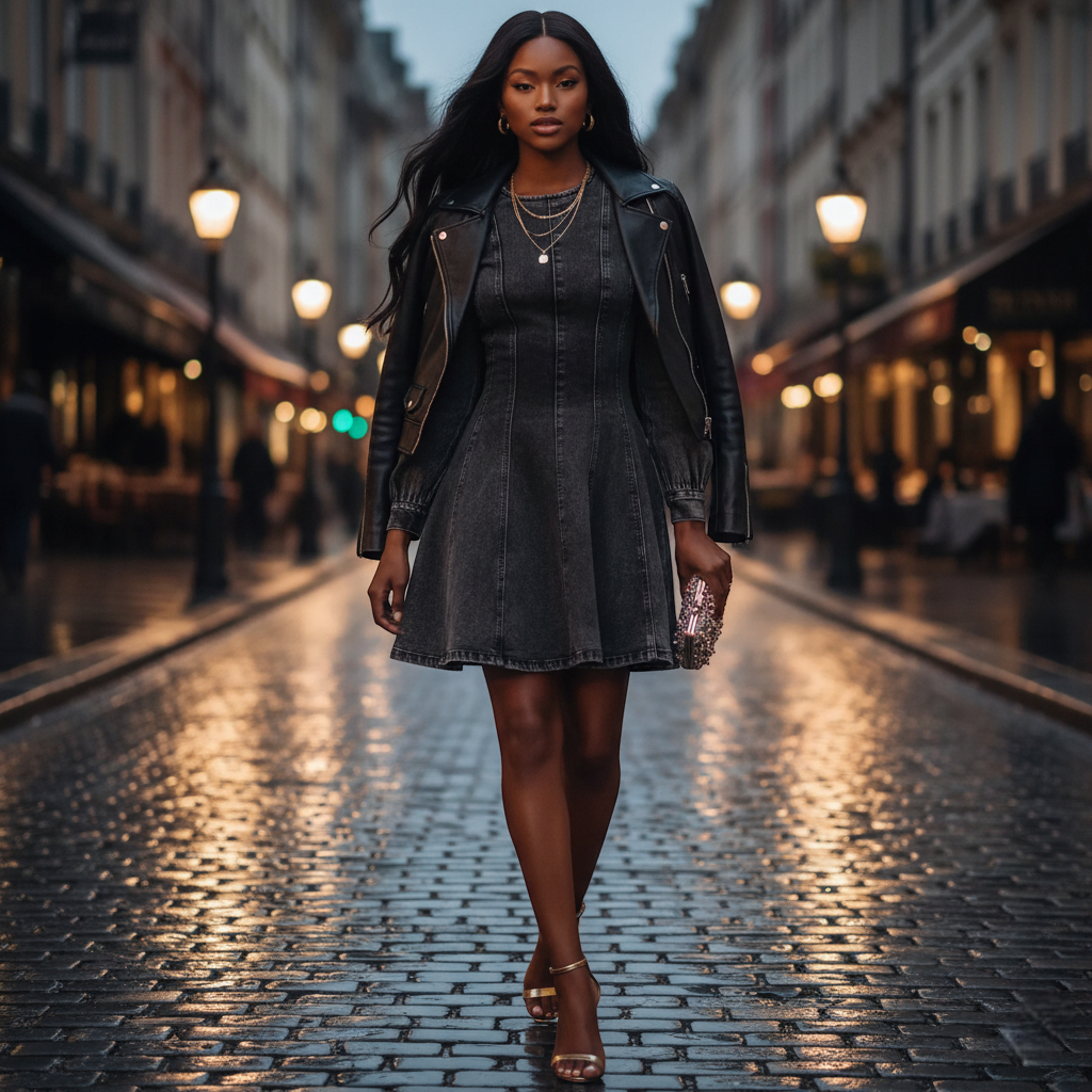 Robe en jean noir délavé, courte, à manches longues bouffantes et coupe évasée avec coutures verticales. Image