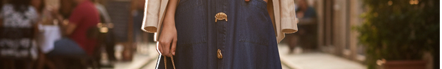 Robe en jean bleu profond longue évasée sans manches à col chemise et ceinture, avec boutons dorés et poches plaquées.
