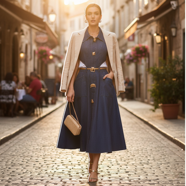 Robe en jean bleu profond longue évasée sans manches à col chemise et ceinture, avec boutons dorés et poches plaquées. Image