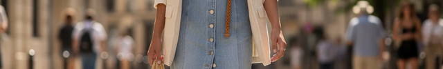 Robe longue bleu jean à col chemise, sans manches, boutonnée devant, coupe ajustée avec ceinture et fente avant.
