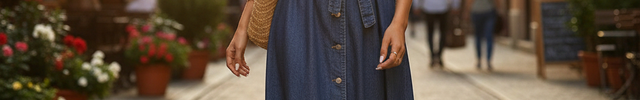Robe midi en jean bleu sans manches, coupe fluide boutonnée avec ceinture à la taille et col en V.