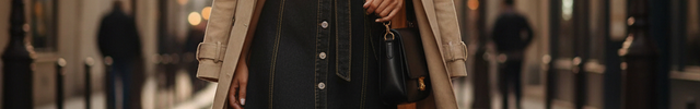 Robe longue noire en jean ceinturée, coupe chemise cintrée à surpiqûres contrastées et patte de boutonnage centrale.