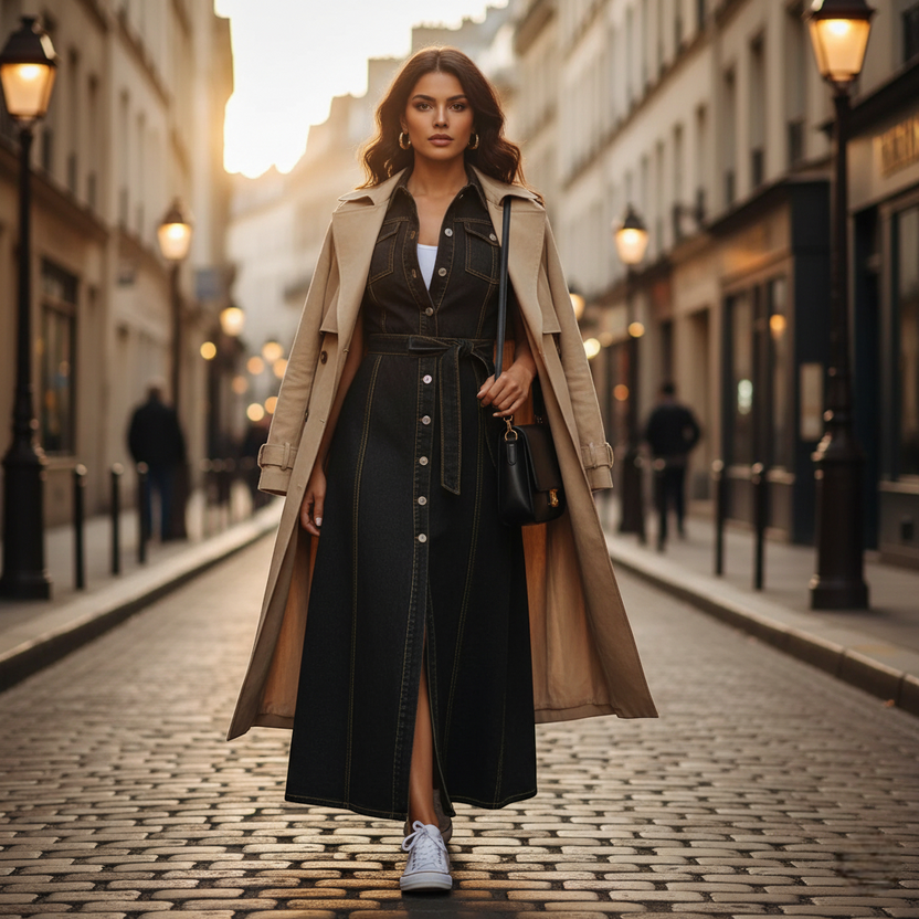 Robe longue noire en jean ceinturée, coupe chemise cintrée à surpiqûres contrastées et patte de boutonnage centrale.