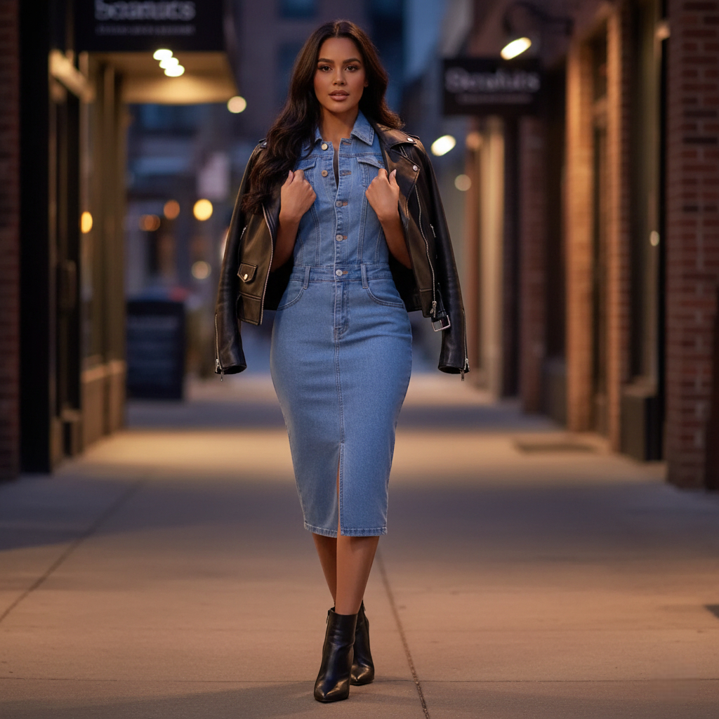 Robe mi-longue en jean bleu moyen, coupe chemise cintrée avec fente frontale et boutonnage intégral. Image